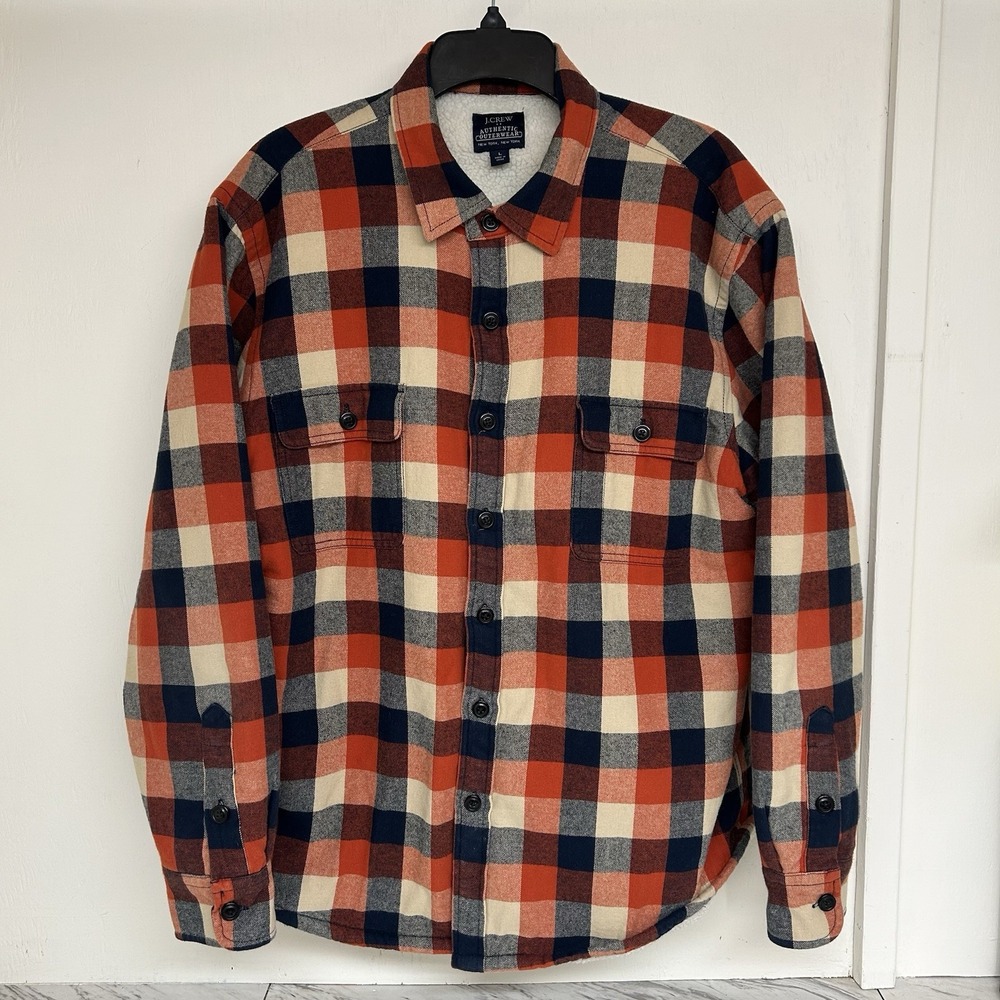 J.Crew Mens Large Orange Navy Blue Sherpa Lined Flannel Jacket Button Down